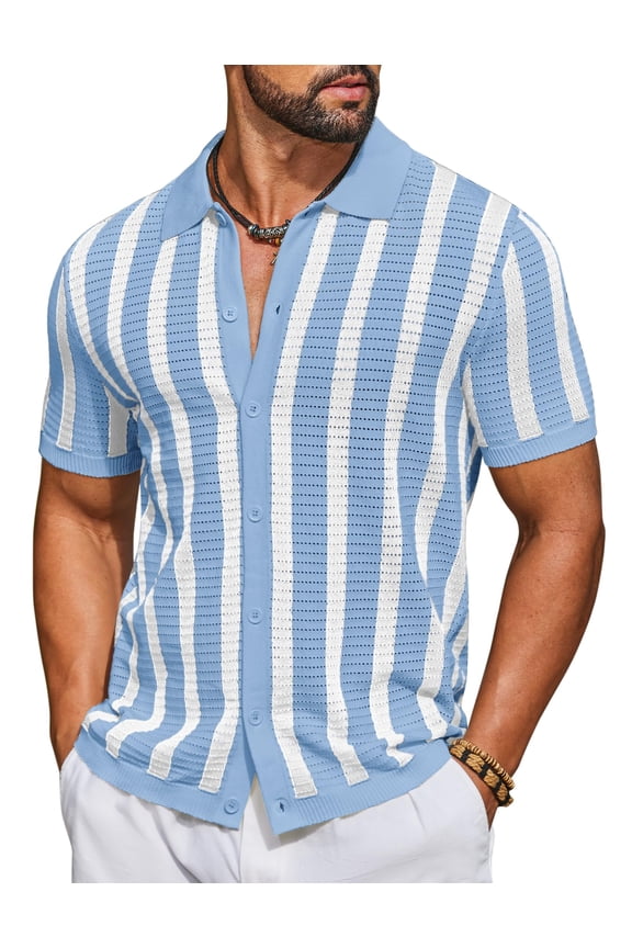 Men's Knit Shirts Short Sleeve Button Down Polo Shirt Striped Casual Summer Beach Shirts