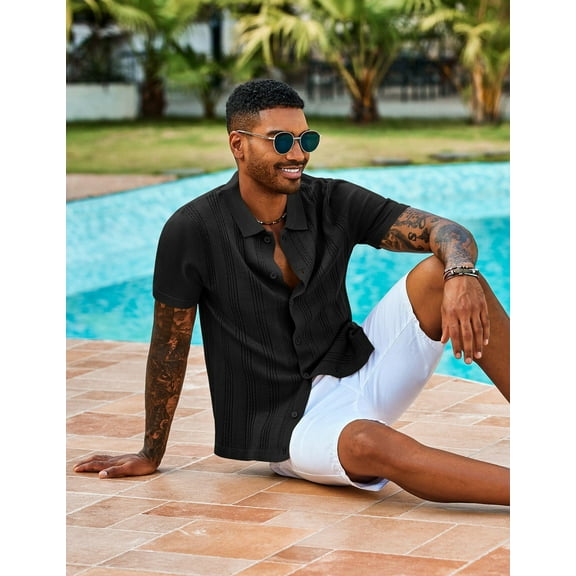 COOFANDY Men's Knit Polo Shirts Short Sleeve Casual Button Down Shirt Summer Beach Vacation Shirts