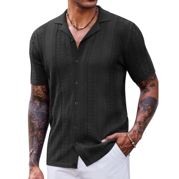 COOFANDY Men's Knit Shirts Vintage Short Sleeve Button Down Shirt Casual Summer Beach Shirt
