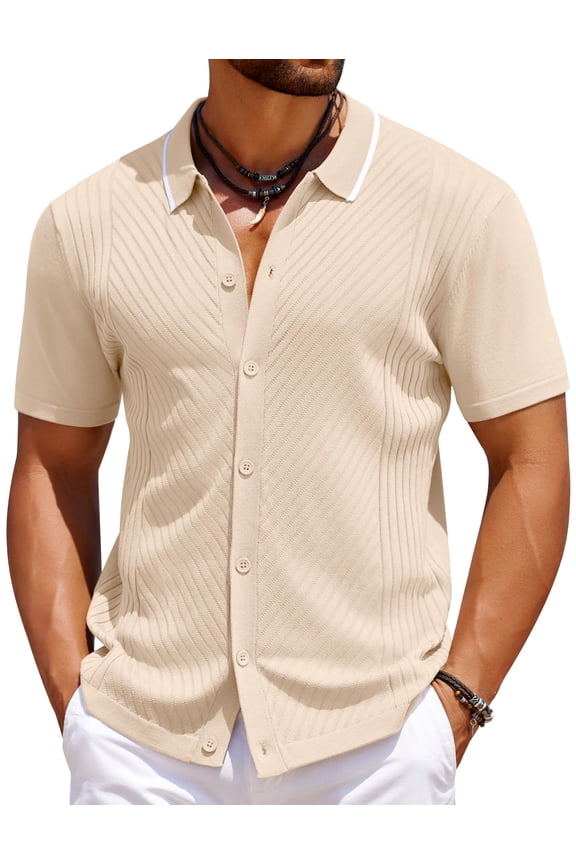 Men's Knit Short Sleeve Button Down Shirt Summer Beach Casual Vintage Shirt Knitted Shirts