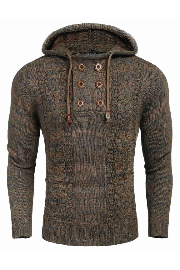 Men's Knitted Hoodies Pullover Casual Long Sleeve Turtleneck Sweaters Brown XL