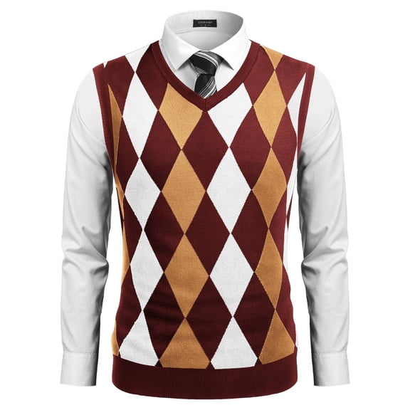 Coshow Men's Knitted Pullover Vest Sleeveless Pullover Slim Fit V Neck Diamond Vest