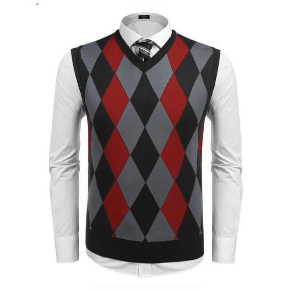 Coshow Men's Knitted Pullover Vest Sleeveless Pullover Slim Fit V Neck Diamond Vest