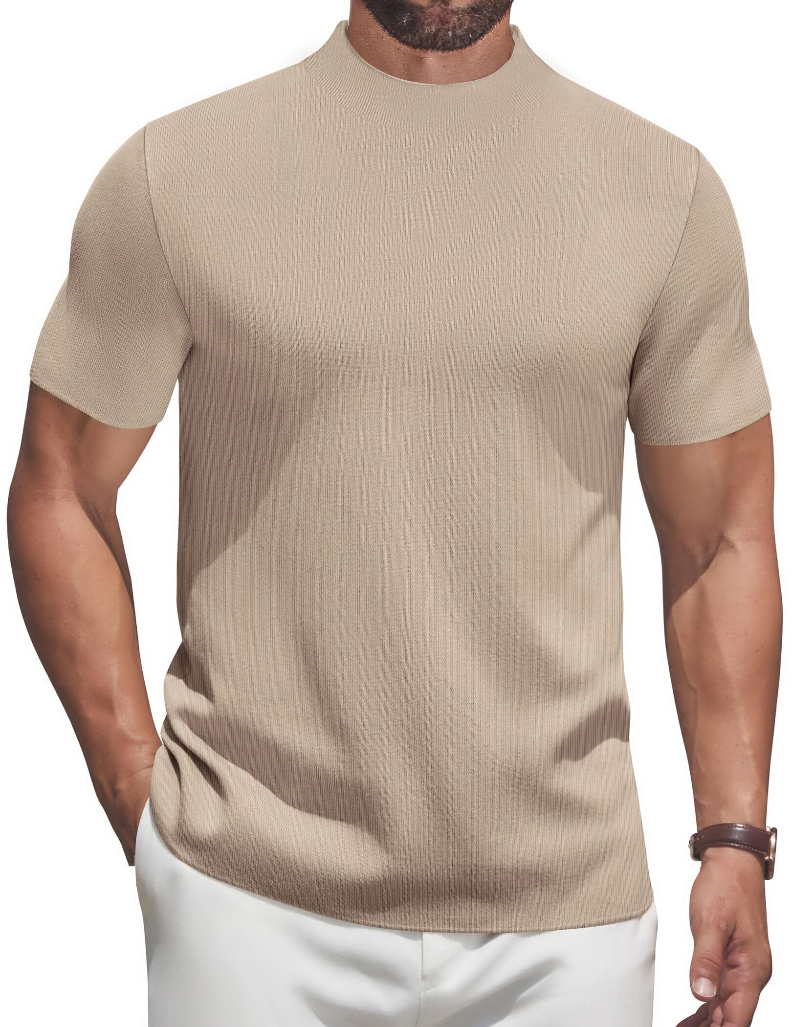 COOFANDY Short Sleeve Mock Turtleneck for Men Vintage Knit Sweater