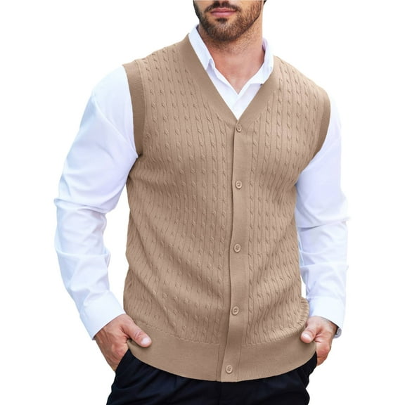 Coshow Men's Knitted Vest V neck Button Down Sleeveless Vest Casual Chunky Knit Cardigan