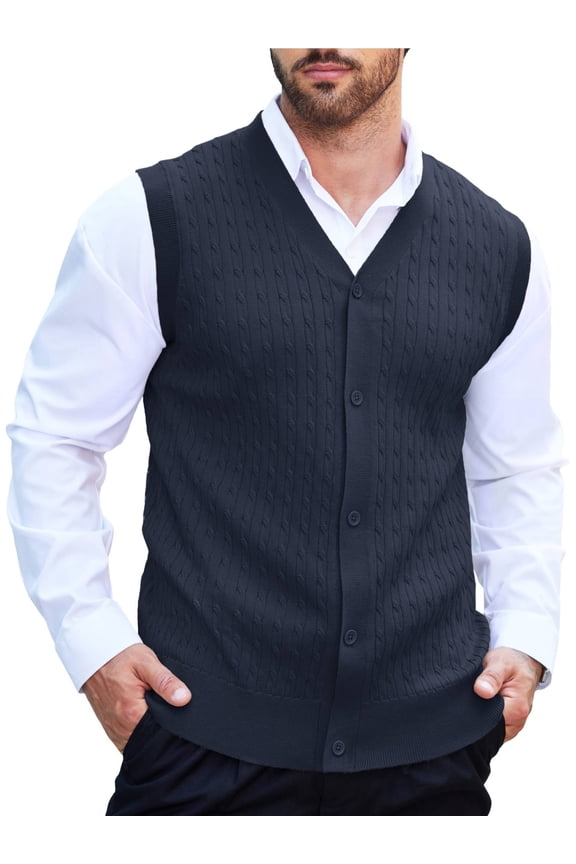 Men's Knitted Vest V neck Button Down Sleeveless Vest Casual Chunky Knit Cardigan