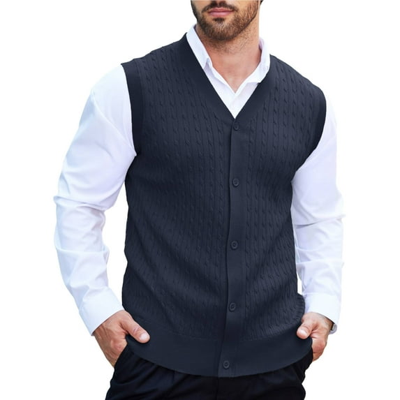 Coshow Men's Knitted Vest V neck Button Down Sleeveless Vest Casual Chunky Knit Cardigan
