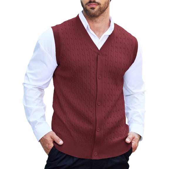 Coshow Men's Knitted Vest V neck Button Down Sleeveless Vest Casual Chunky Knit Cardigan
