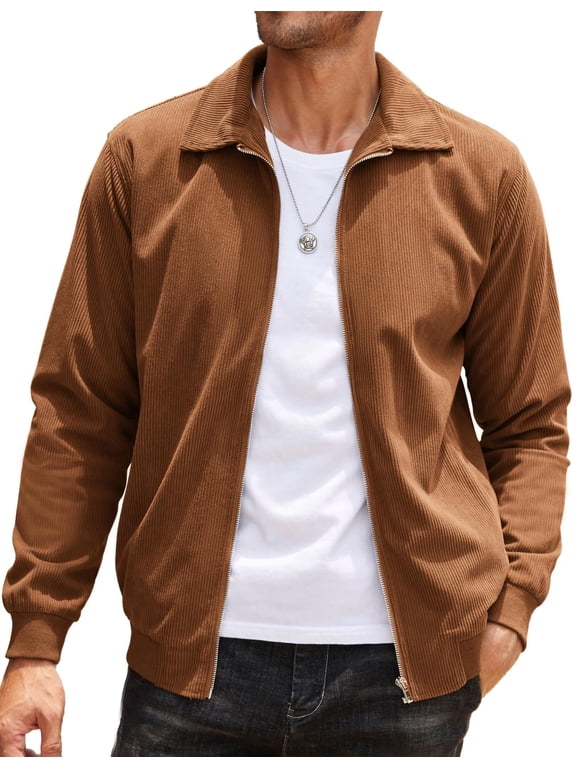 Mens Vintage Collared Jacket Corduroy Casual Jacket Tan Fashion Bomber Jacket with Pockets