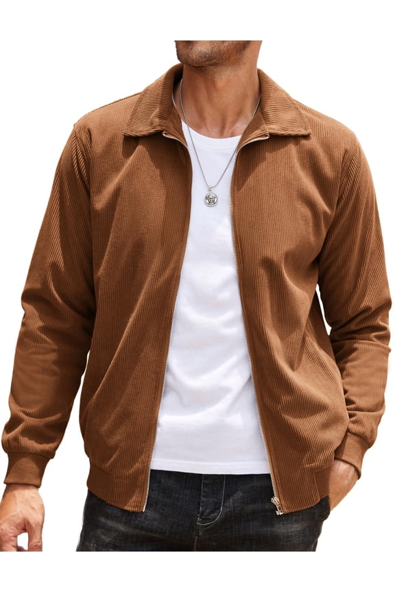 Mens Vintage Collared Jacket Corduroy Casual Jacket Tan Fashion Bomber Jacket with Pockets