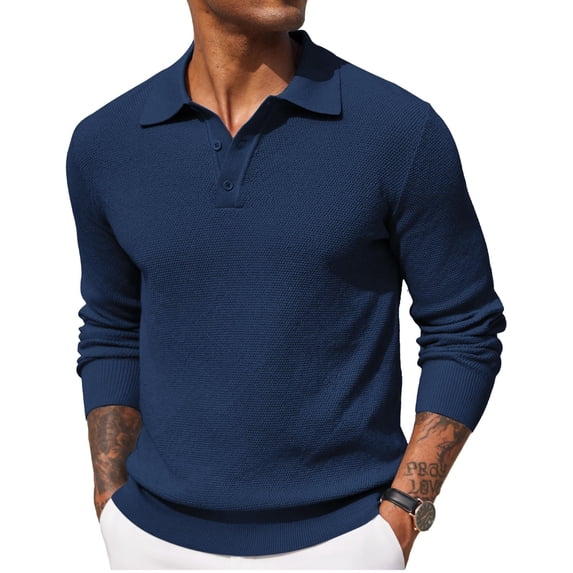 COOFANDY Mens Knit Polo Shirts Long Sleeve Casual Polo Sweaters Shirt Waffle Textured Collared Sweater