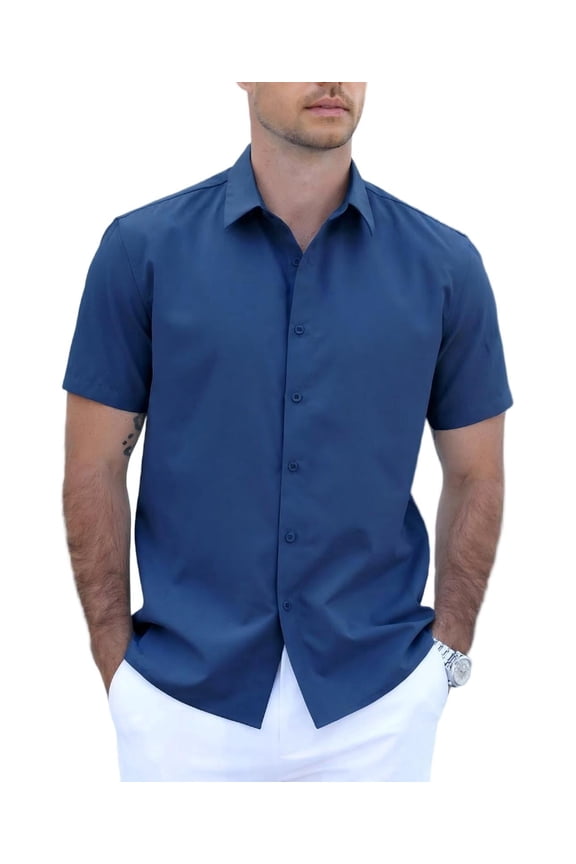 Men's Lightweight Breathable Short Sleeve Shirt, 100% Polyester, Easy-Care Wrinkle-Resistant for Daily Casual and Office Wear