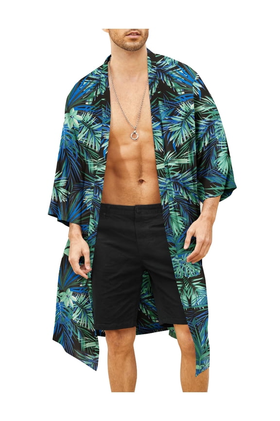 Men's Lightweight Kimono Robe Jacket Printed Japanese Style Bathrobes Casual Open Front Long Cardigan Coat Outwear