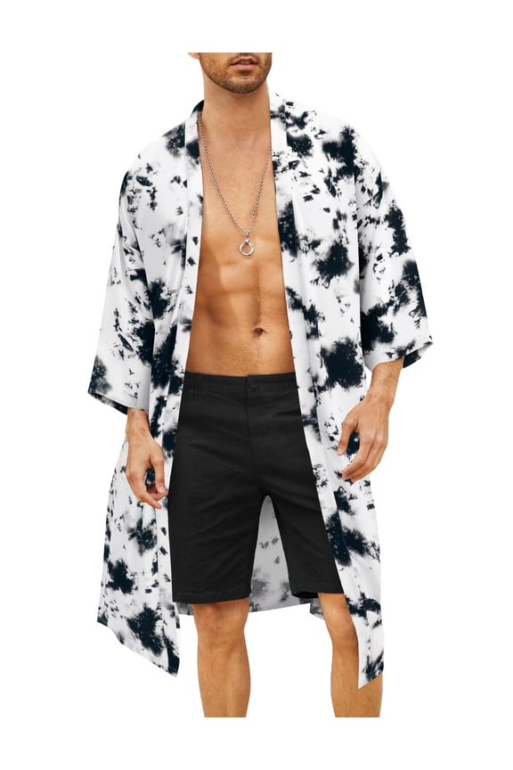 Men's Lightweight Kimono Robe Jacket Printed Japanese Style Bathrobes Casual Open Front Long Cardigan Coat Outwear