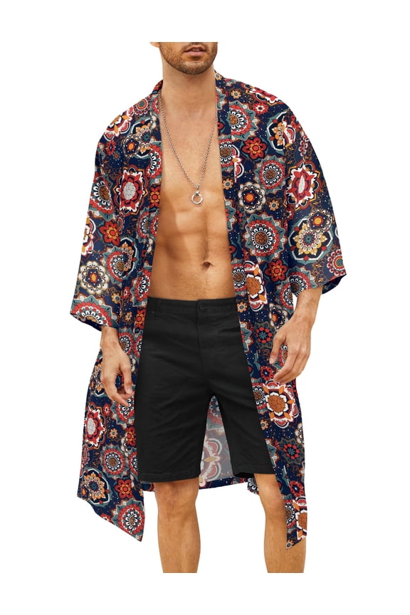 Men's Lightweight Kimono Robe Jacket Printed Japanese Style Bathrobes Casual Open Front Long Cardigan Coat Outwear