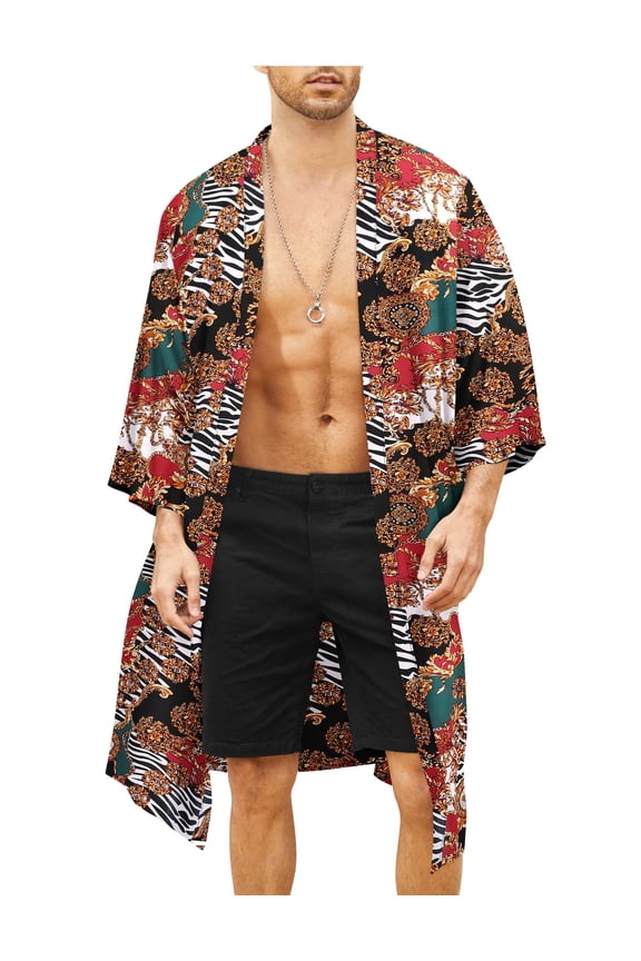 Men's Lightweight Kimono Robe Jacket Printed Japanese Style Bathrobes Casual Open Front Long Cardigan Coat Outwear