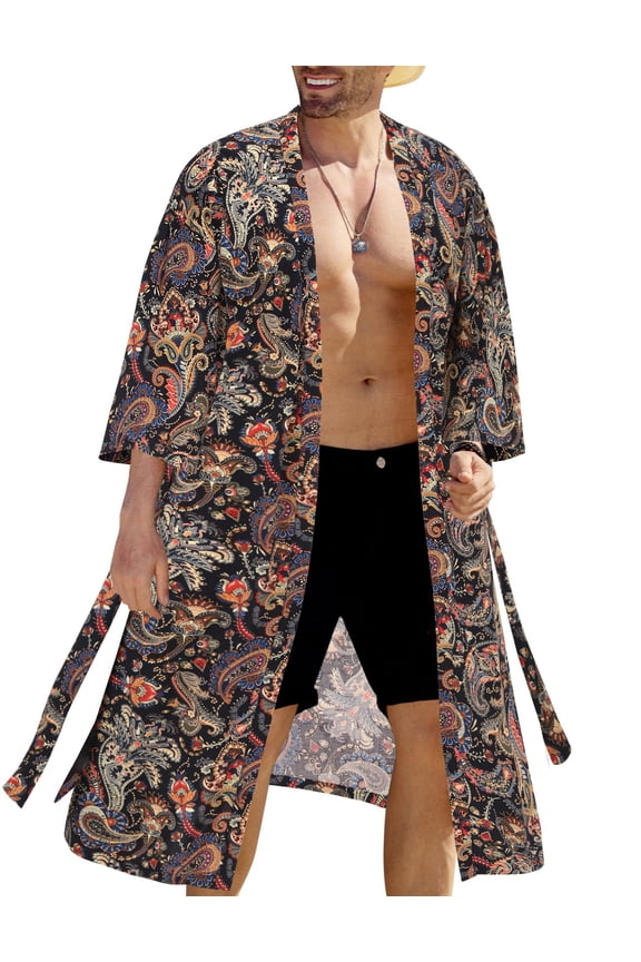 Men's Lightweight Kimono Robe Japanese Bathrobes Open Front Long Cardigan Cloak with Belt