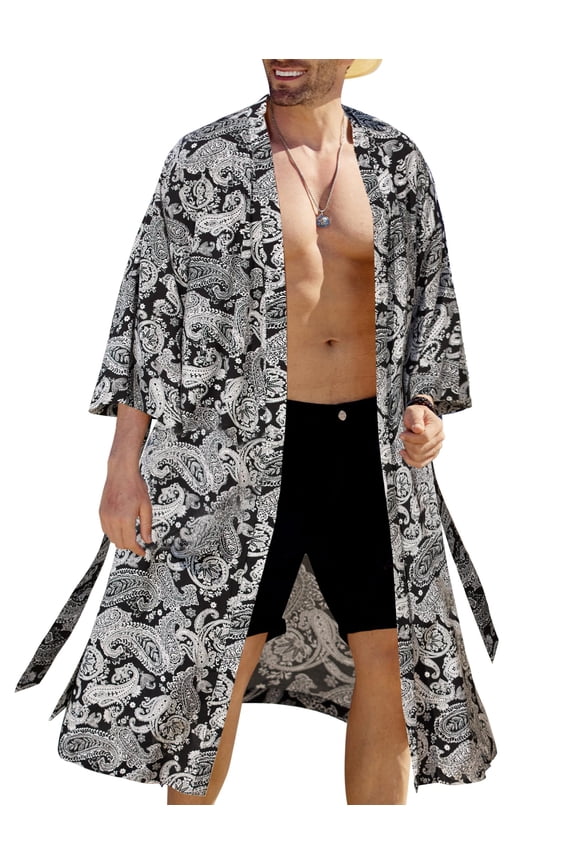 Men's Lightweight Kimono Robe Japanese Bathrobes Open Front Long Cardigan Cloak with Belt