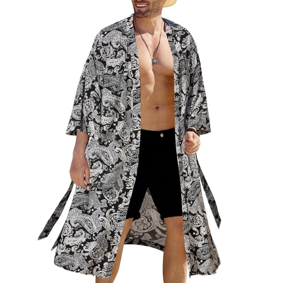 COOFANDY Men's Lightweight Kimono Robe Japanese Bathrobes Open Front Long Cardigan Cloak with Belt