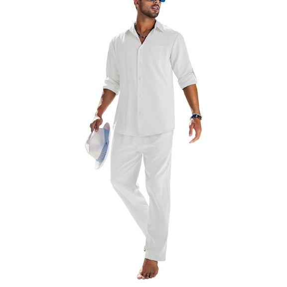 Coshow Men's Linen 2 Piece Set Long Sleeve Button Down Cuban Shirt and Pants Casual Summer Beach Outfit