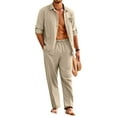thumbnail image 1 of Coshow Men's Linen 2 Piece Set Long Sleeve Button Down Cuban Shirt and Pants Casual Summer Beach Outfit, 1 of 5