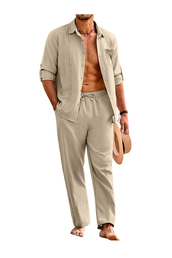 Men's Linen 2 Piece Set Long Sleeve Button Down Cuban Shirt and Pants Casual Summer Beach Outfit