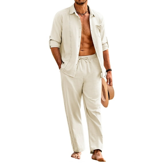 Coshow Men's Linen 2 Piece Set Long Sleeve Button Down Cuban Shirt and Pants Casual Summer Beach Outfit