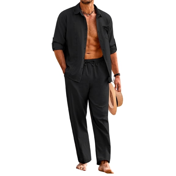 Coshow Men's Linen 2 Piece Set Long Sleeve Button Down Cuban Shirt and Pants Casual Summer Beach Outfit