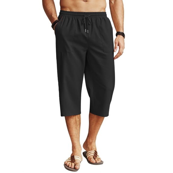 COOFANDY Men's Linen Capris Pants Below Knee Regular Fit 3/4 Pants Casual Drawstring Lightweight Beach Yoga Pants with Pockets