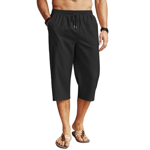 COOFANDY Men's Linen Capris Pants Below Knee Regular Fit 3/4 Pants Casual Drawstring Lightweight Beach Yoga Pants with Pockets