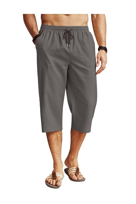 Men's Linen Capris Pants Below Knee Regular Fit 3/4 Pants Casual Drawstring Lightweight Beach Yoga Pants with Pockets