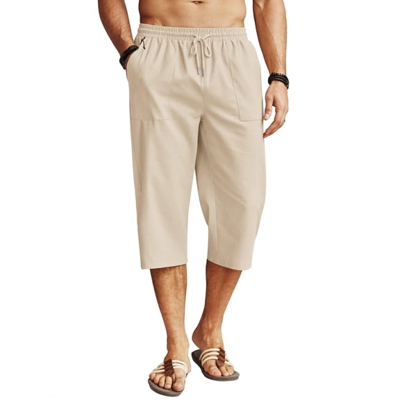 COOFANDY Men's Linen Capris Pants Below Knee Regular Fit 3/4 Pants Casual Drawstring Lightweight Beach Yoga Pants with Pockets