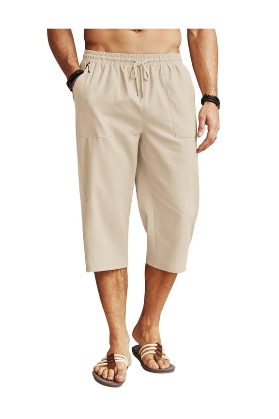 Men's Linen Capris Pants Below Knee Regular Fit 3/4 Pants Casual Drawstring Lightweight Beach Yoga Pants with Pockets