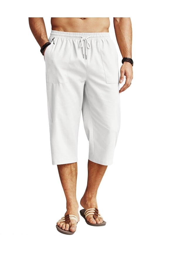 Men's Linen Capris Pants Below Knee Regular Fit 3/4 Pants Casual Drawstring Lightweight Beach Yoga Pants with Pockets