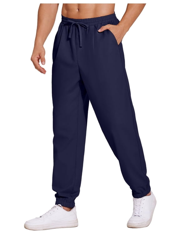 Men's Linen Casual Pants Lightweight Jogger Pants Elastic Waist Drawstring Yoga Beach Pants with Pockets