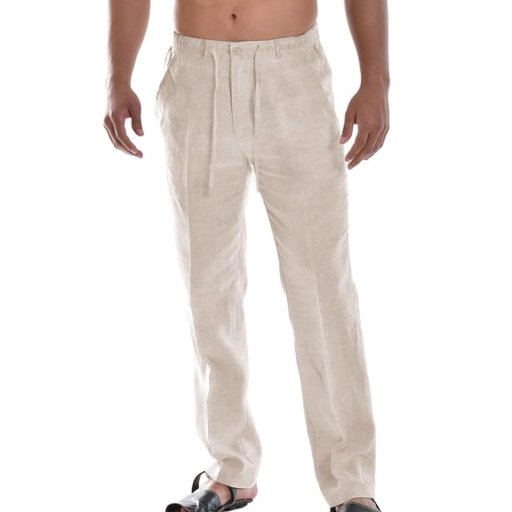 COOFANDY Men's Linen Cotton Pants Casual Elastic Waist Drawstring Trousers