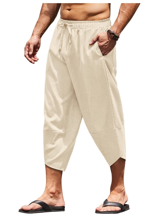 Men's Linen Harem Capri Pants Lightweight Loose 3/4 Shorts Drawstring Elastic Waist Casual Beach Hippie Yoga Trousers