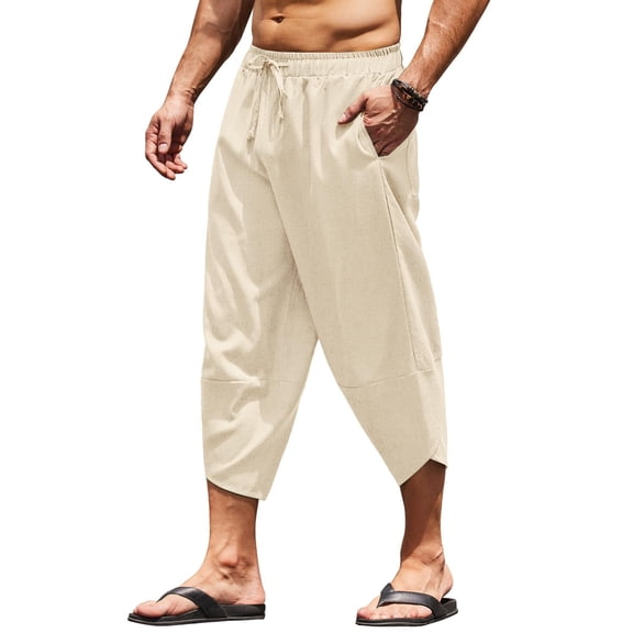 COOFANDY Men's Linen Harem Capri Pants Lightweight Loose 3/4 Shorts Drawstring Elastic Waist Casual Beach Hippie Yoga Trousers