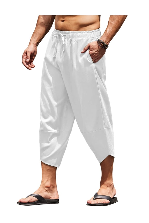 Mens Beach Pants Elastic Waist Drawstring Casual Cotton Linen Harem Capri Trousers Lightweight Hippie Yoga Cropped Pants