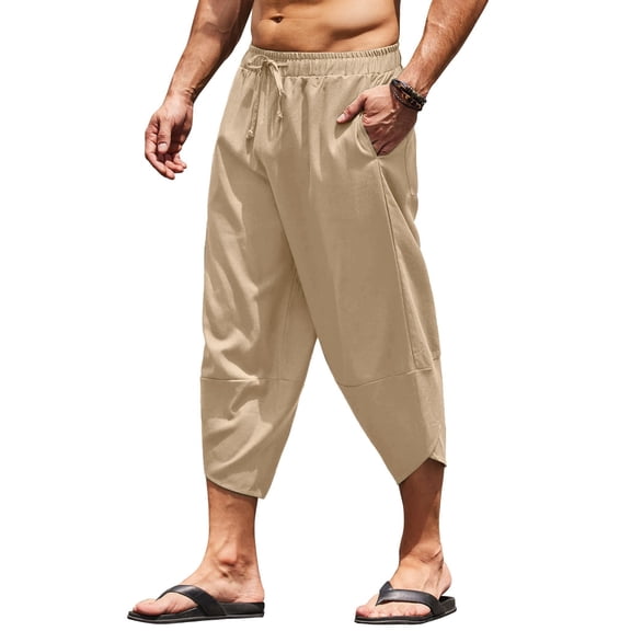 COOFANDY Men's Linen Capri Pants Casual Loose Hippie Yoga Beach Trousers Drawstring Aladdin Harem Pants with Pockets