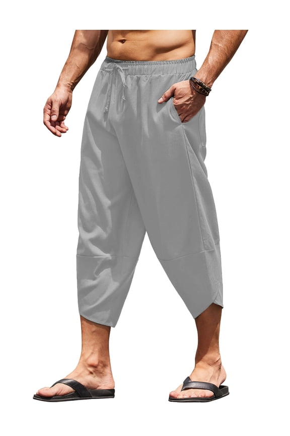 Men's Linen Pants Cotton Loose Casual Lightweight Summer Hippie Beach Yoga Cropped Trousers Pirate Pants with Pockets