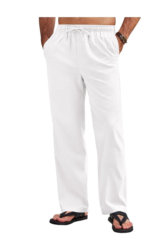 Men's Linen Pants Casual Loose Fit Beach Summer Yoga Pants Lightweight Drawstring Linen Trousers
