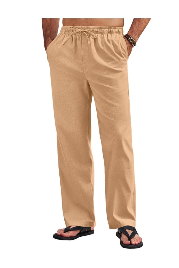 Men's Linen Pants Drawstring Casual Loose Fit Beach Summer Yoga Pants Lightweight Linen Trousers