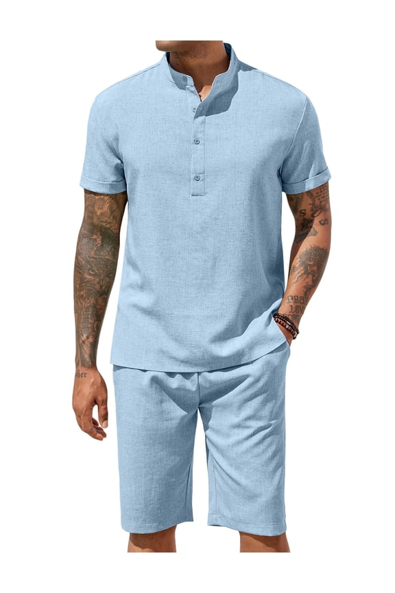 Men's Linen Pants Short Sets 2 Pieces Summer Shirts Beach Shorts Casual Party Yoga Outfits for Men