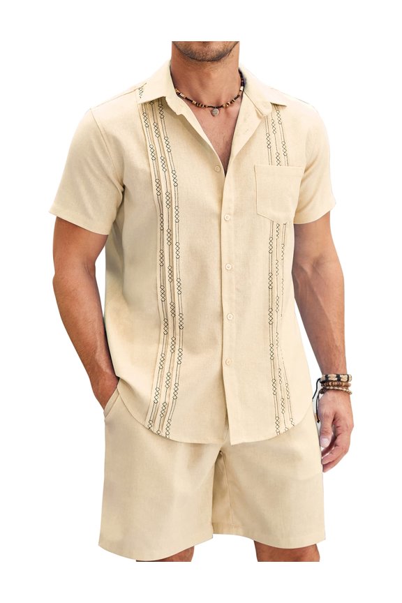 Men's Linen Sets 2 Piece Hawaiian Vacation Matching Shirt and Shorts Set