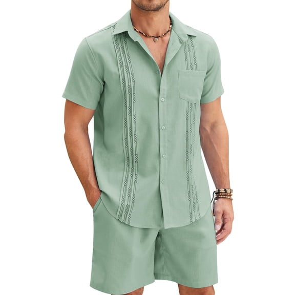 COOFANDY Men's Linen Sets 2 Piece Hawaiian Vacation Matching Shirt and Shorts Set