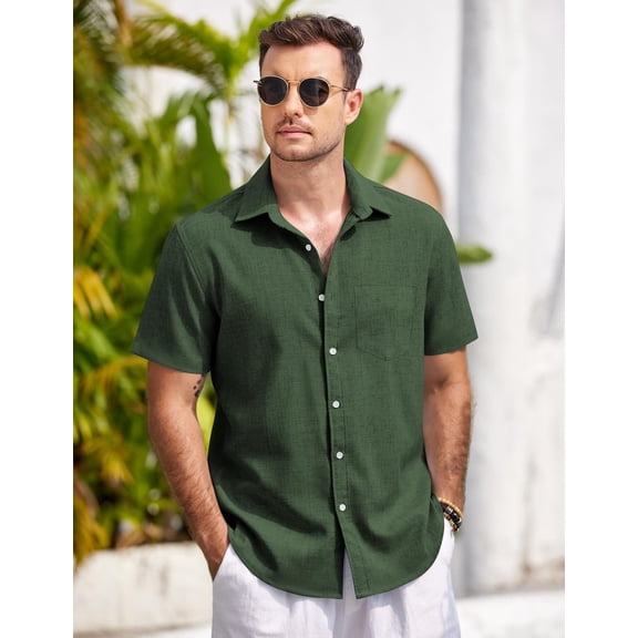 COOFANDY Men's Casual Button Down Shirt Chambray Plain Short Sleeve Dress Shirt