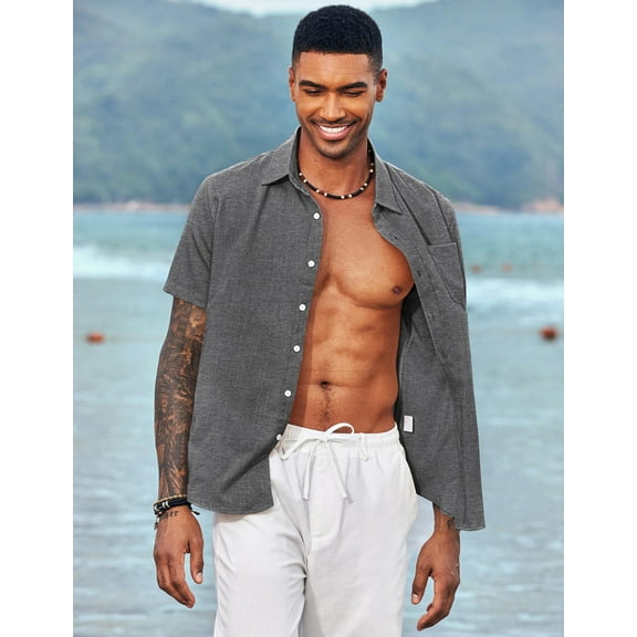 COOFANDY Men's Linen Shirt Textured Designer Western Work Regular Fit Shirt