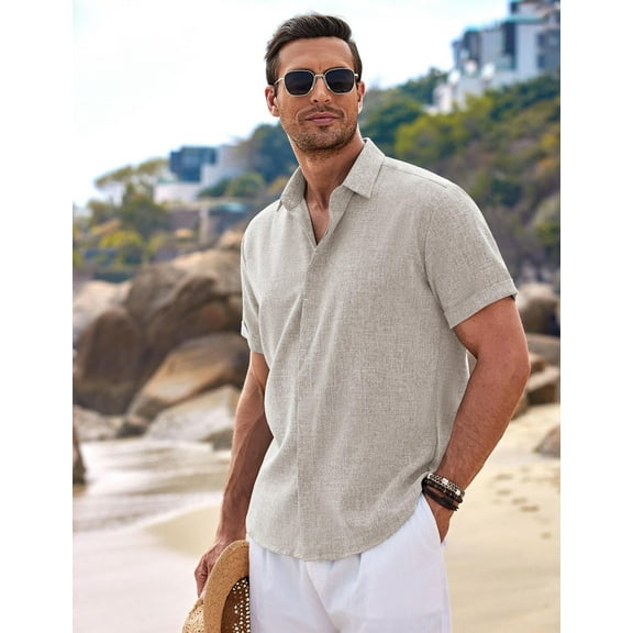 COOFANDY Men's Linen Shirts Short Sleeve Casual Shirt Button Down Shirt for Men Beach Summer Wedding Shirt