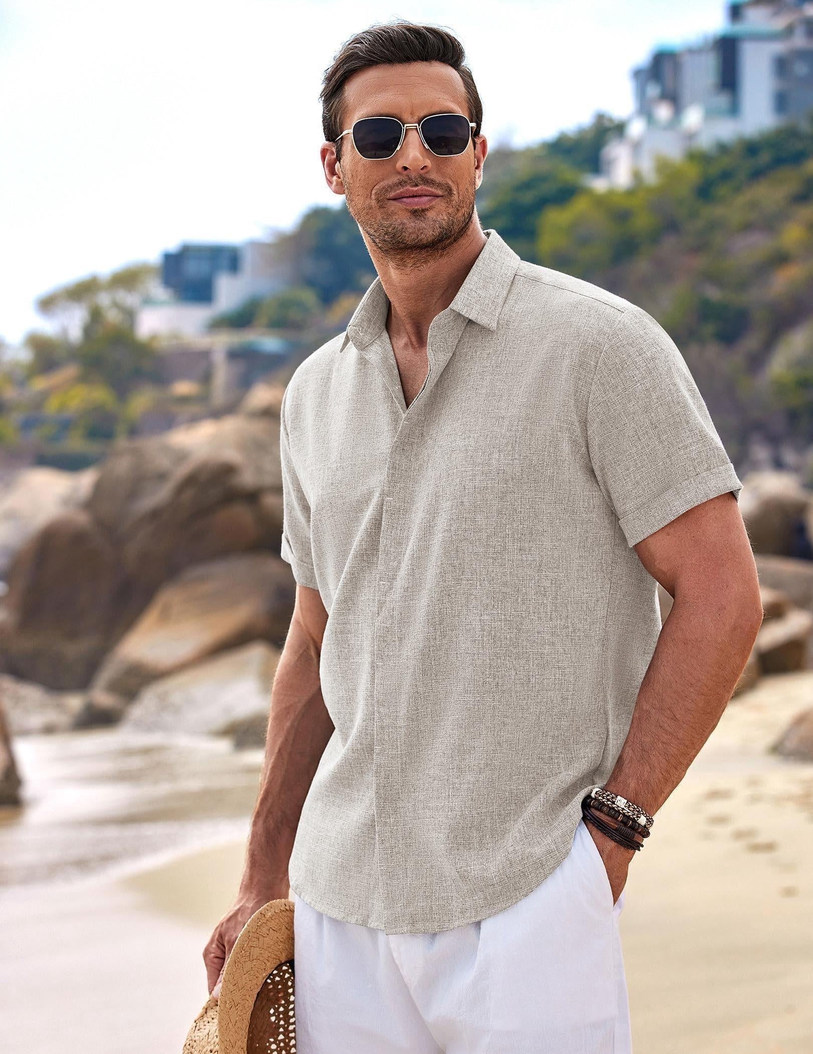 Button Down Champagne Dress Shirt COOFANDY Men's Linen Shirts Short Sleeve  Casual Shirt Button Down Shirt